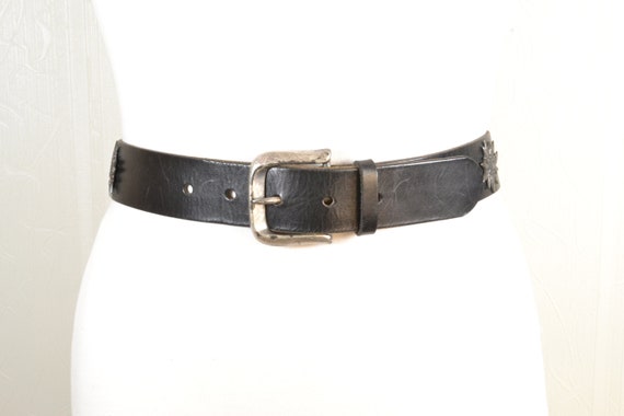 Vintage Black Leather Belt: Sun Decorated Boho Belt With