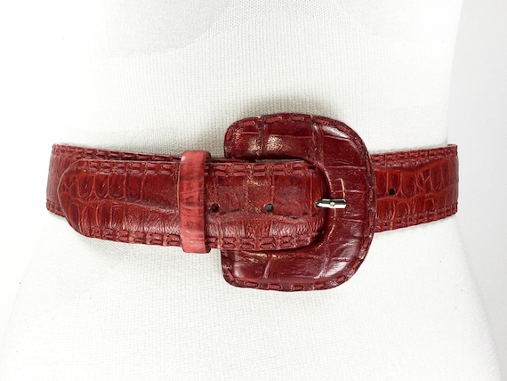 1980s wide red reptile leather belt for women