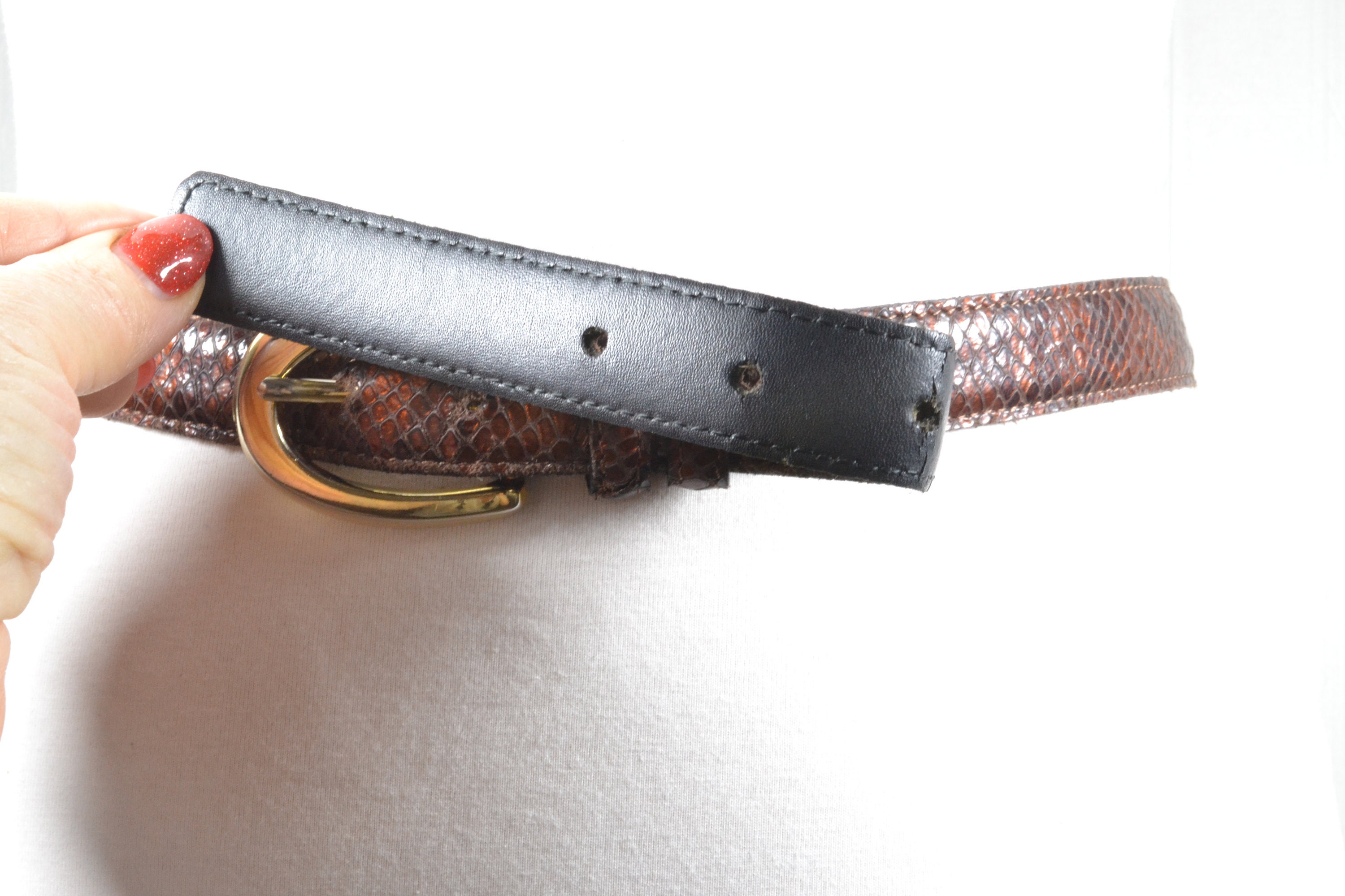 Vintage Leather Snake skin Brown Belt BOHO 90s Brown Leather Waist Belt: Snake Skin Metal Trim, Vintage  main image 3