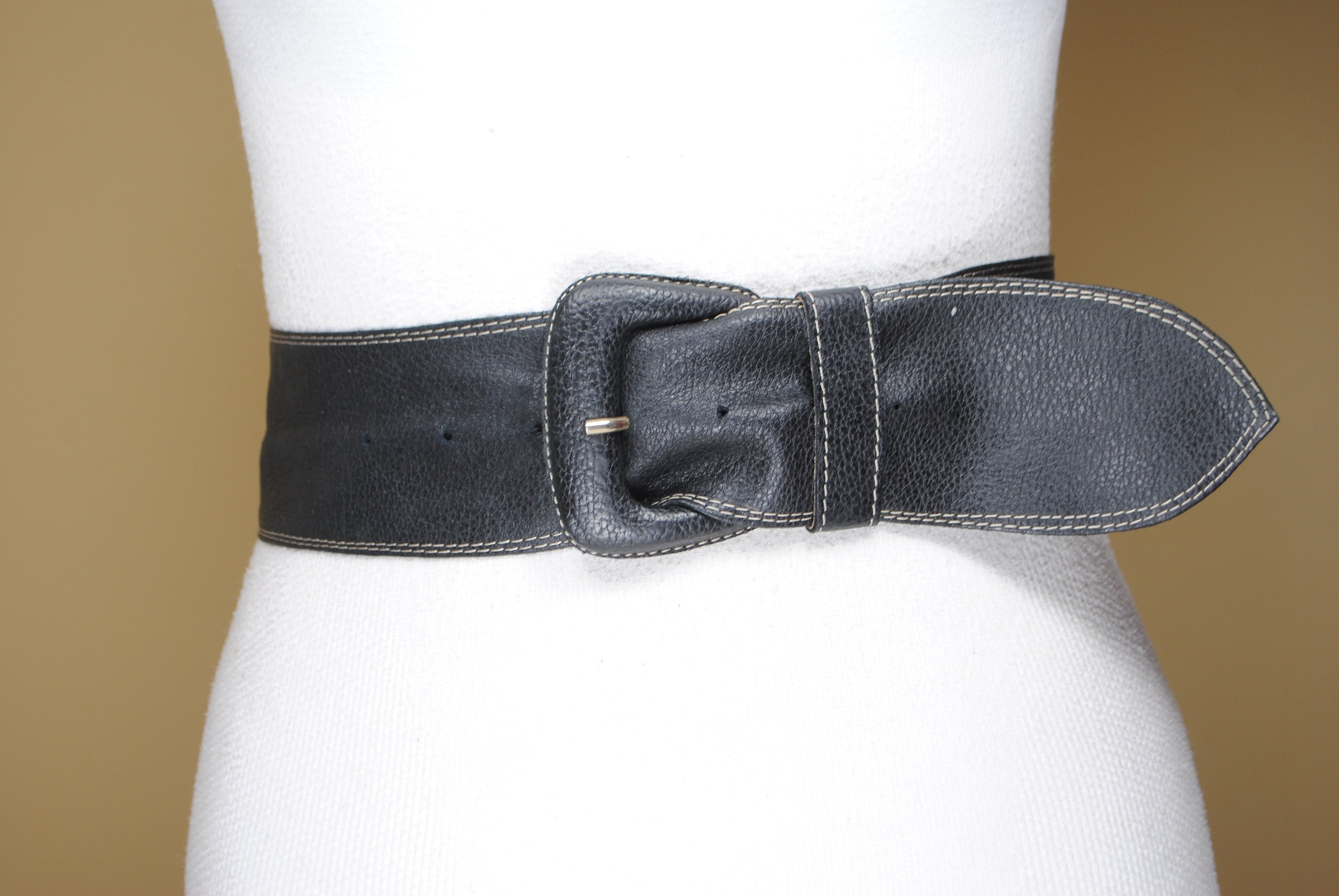 Women Silver Wide Faux Leather Elastic Band Fashion Belt Double Buckles Size M L 
