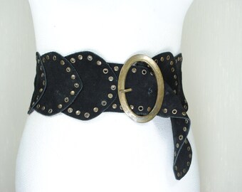 XV Century Embossed Leather Belt with Etched Brass Diamond