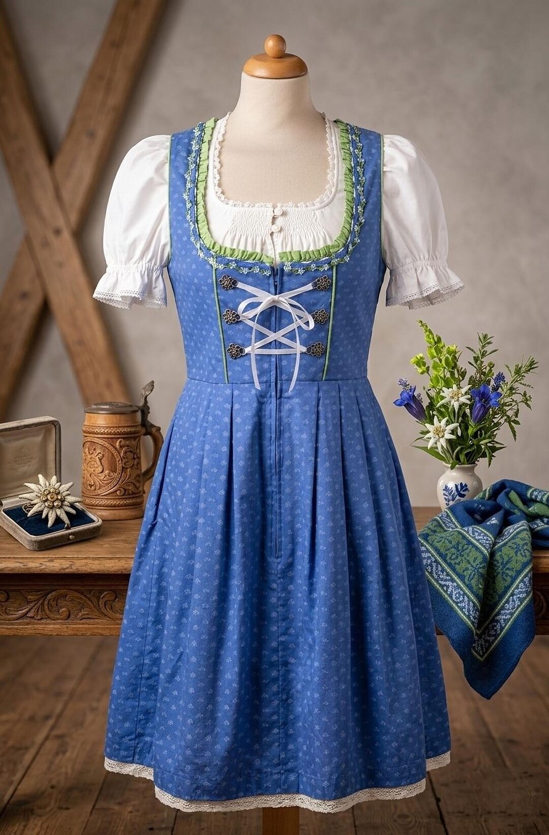 German Ruffles Blue Dirndl Dress Bavarian Trachten German Oktoberfest Costume Folk ...