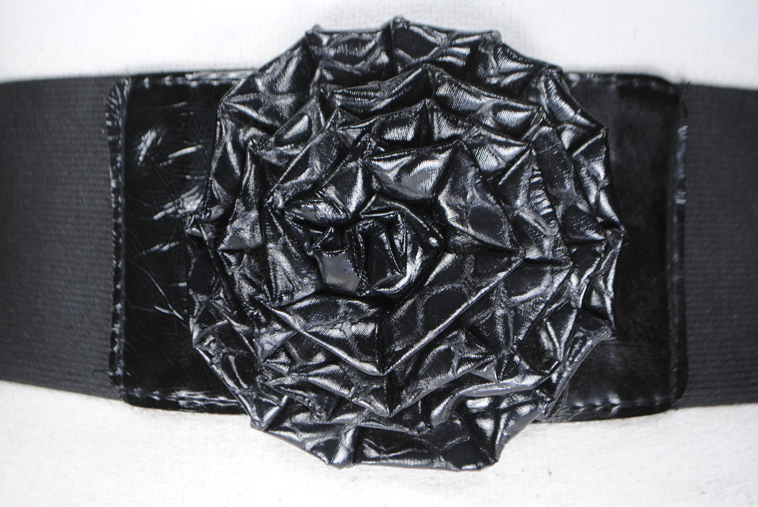 Black Patent Elastic Belt, Big Flower Buckle Belt, Wide