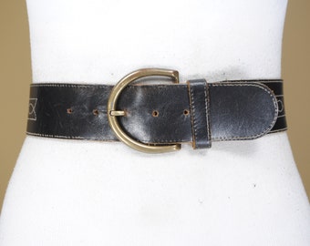 90s  32''-36'' Plain Black Leather Belt for Women with Brass Buckle, Western Cowgirl Stitched Belt