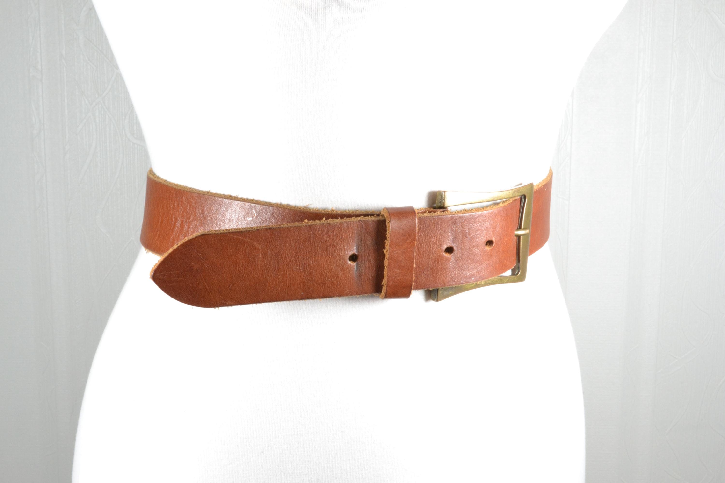 Vintage Brown Leather Waist Belt: Antique Brass Buckle, Wide 