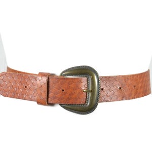 Vintage Woven Pattern Leather Belt for Women, Brown Wide Belt with  Bronze Statement Buckle, Boho Western Style Waist Belt