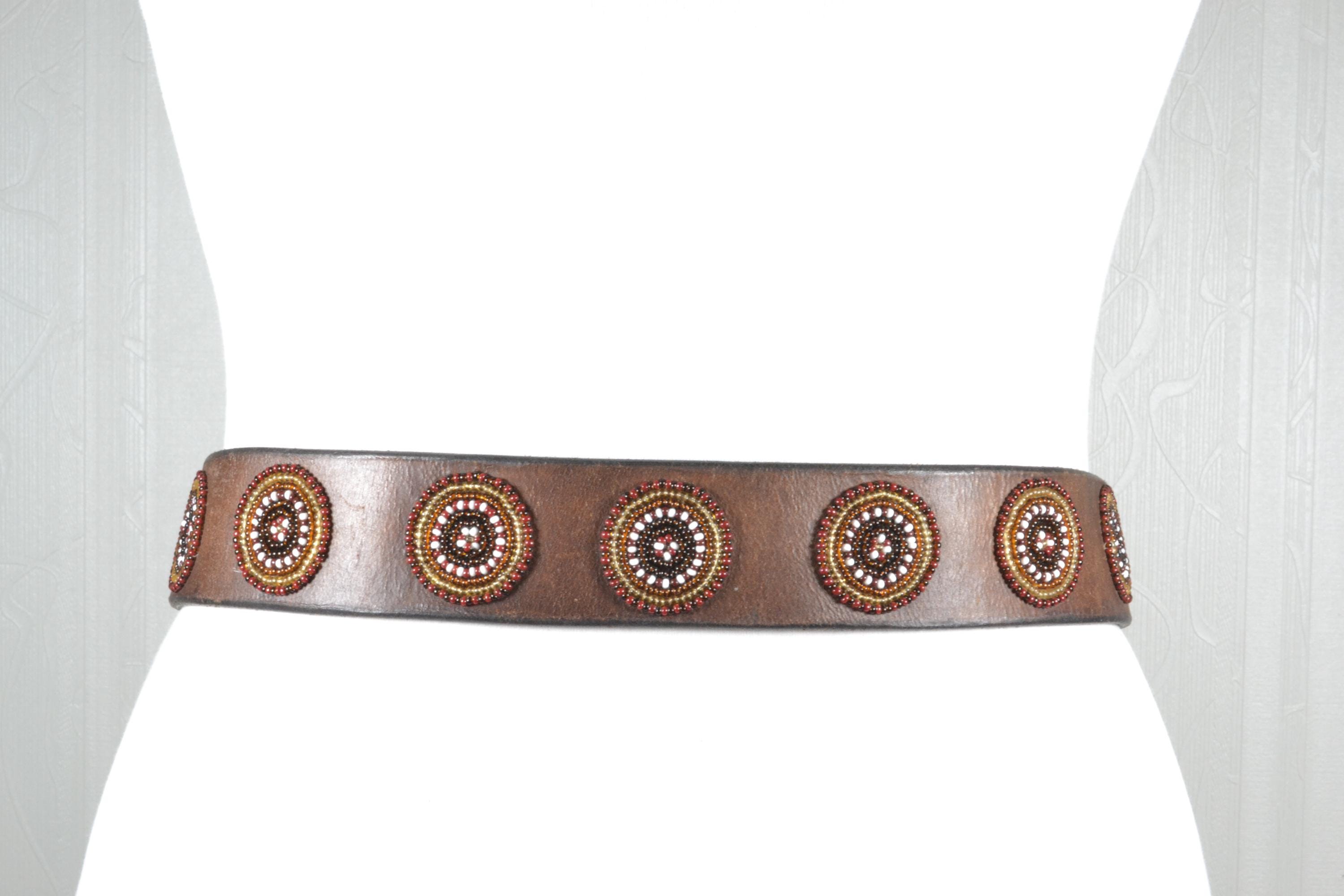 Vintage Brown Leather Belt With Brass Buckle and Beaded  display picture 1