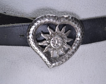 Sun buckle belt - black pagan belt, medieval belt, heart buckle belt