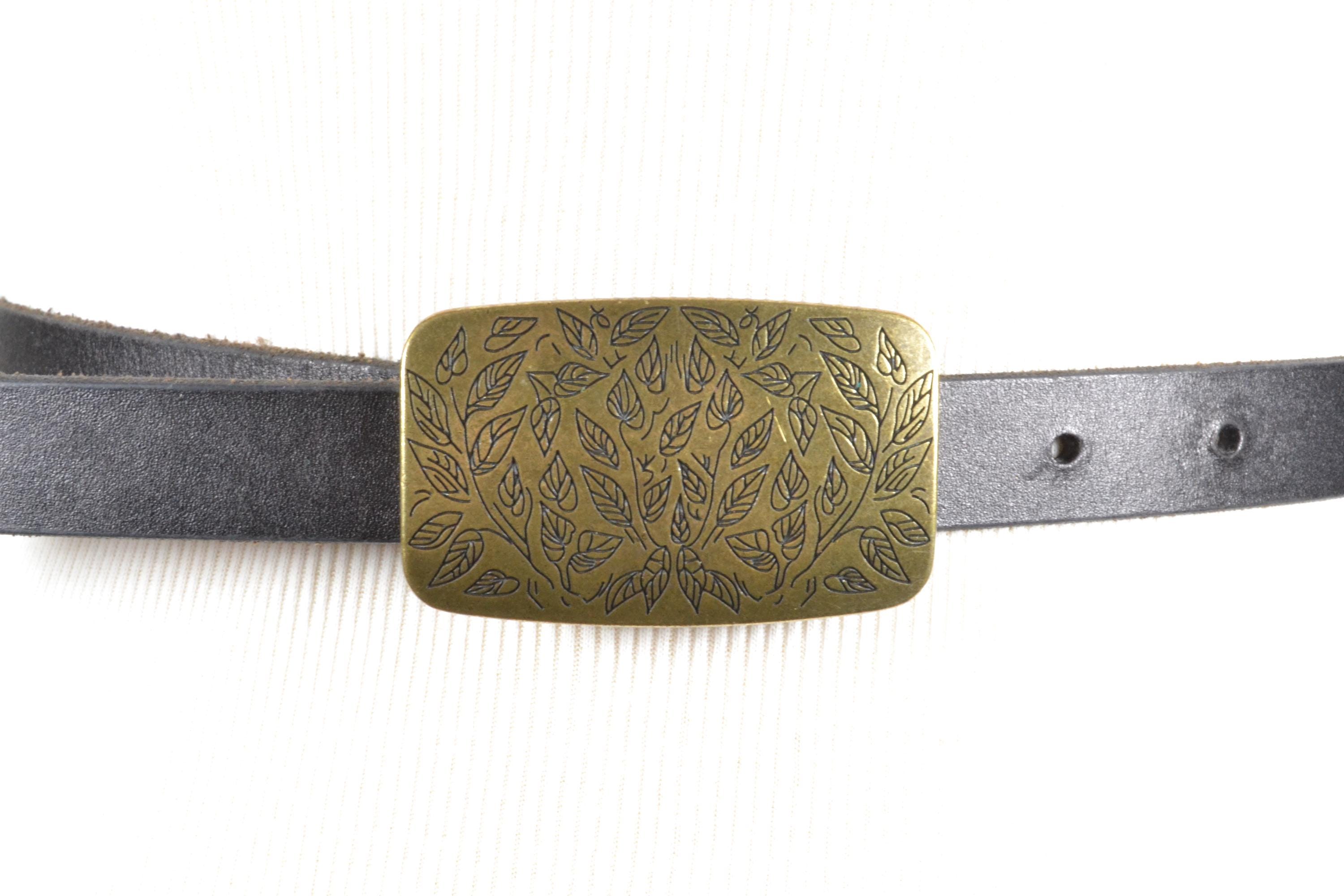 Vintage Black Leather Belt With Ornate Brass Buckle, Classic 