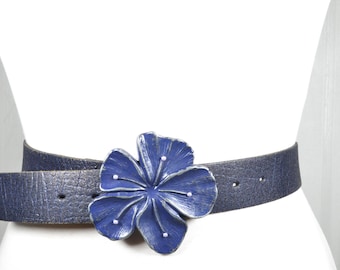 Vintage Distressed Dark Blue Leather Belt with  Flower Buckle, Boho Western