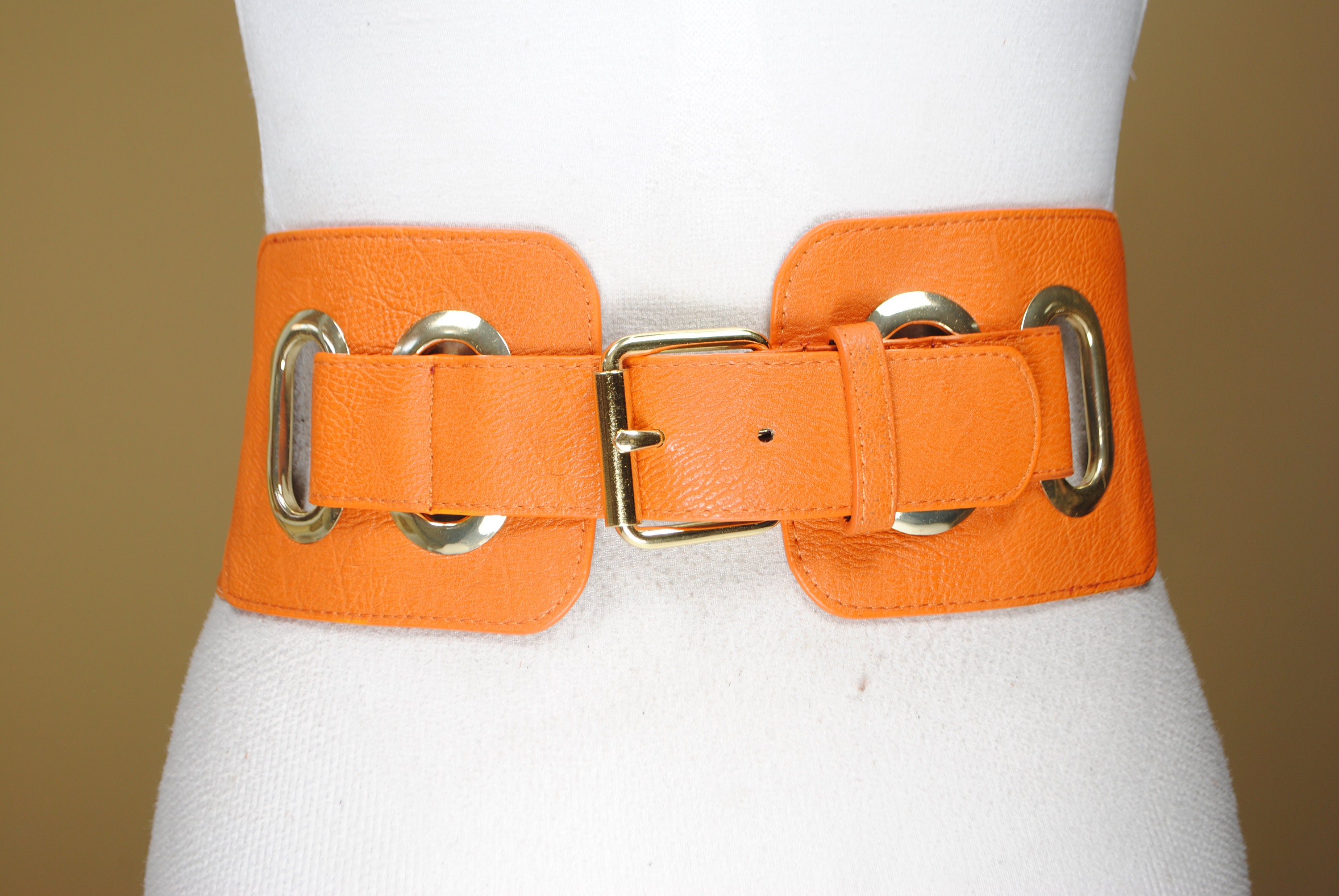 ヴィンテージオレンジレザーコルセットベルト：ワイドエラスティック