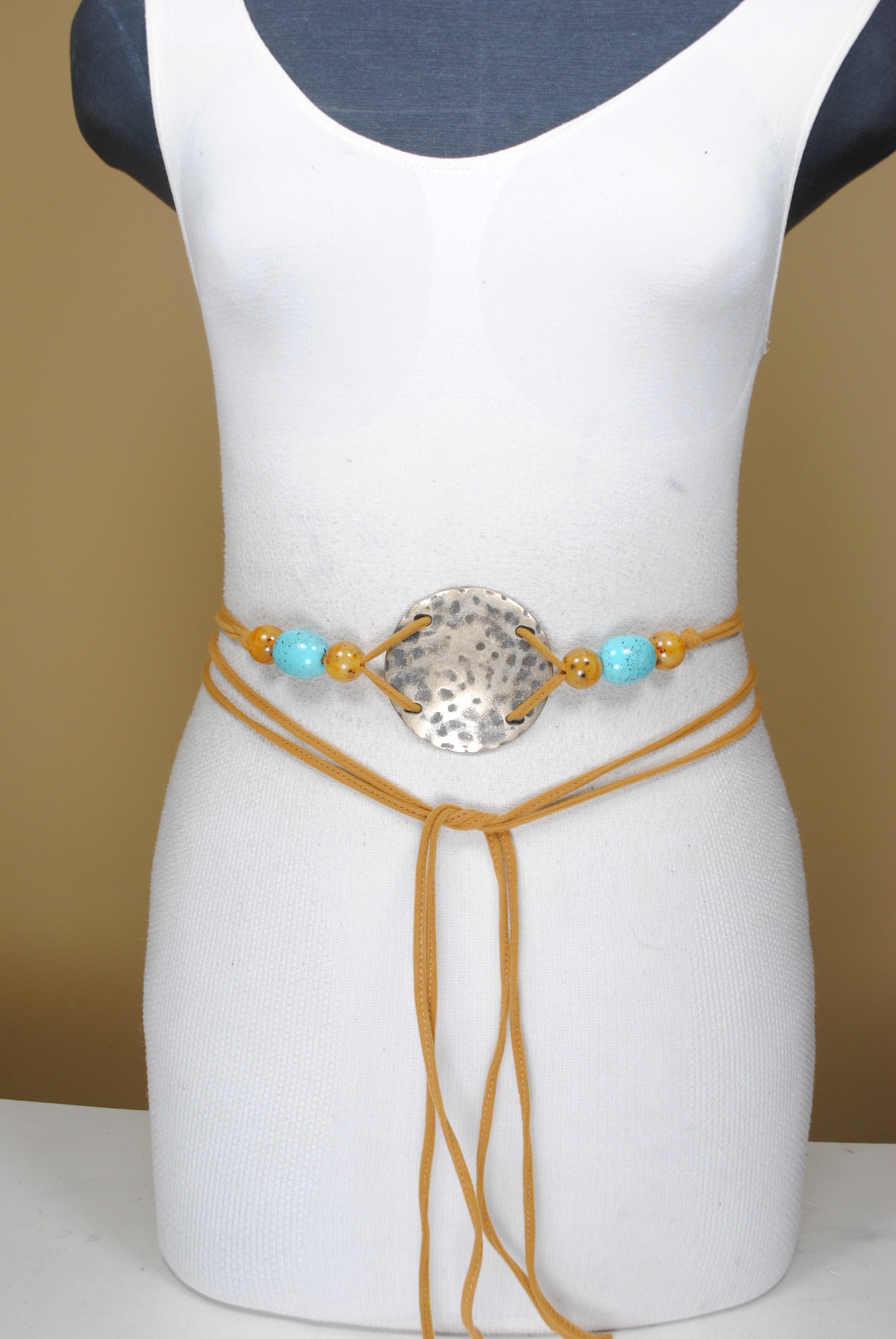 Boho Hammered Plate Tie Belt: Turquoise Beads, Tribal Style 