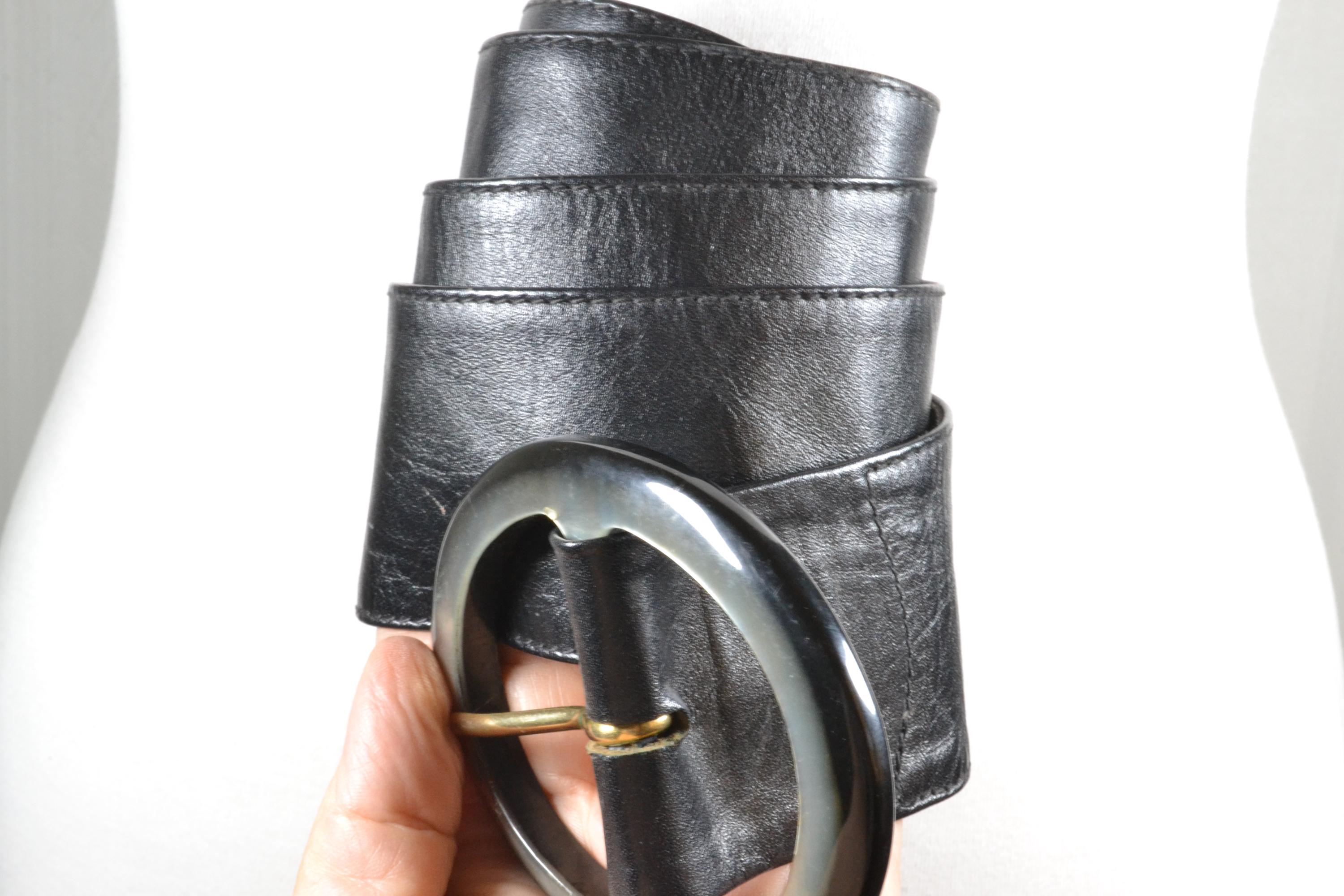 Vintage Wide Black Leather Belt: 80s Oval Buckle Waist 