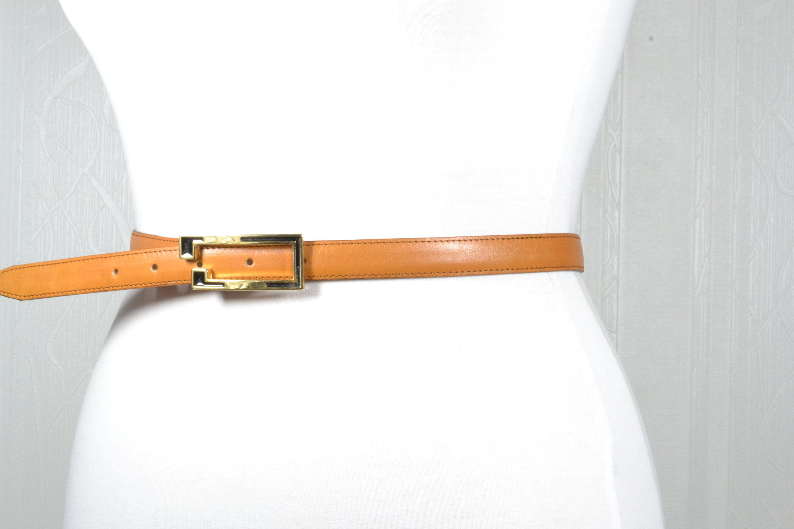 Vintage Skinny Brown Leather Belt With Gold Buckle - Etsy display picture 2