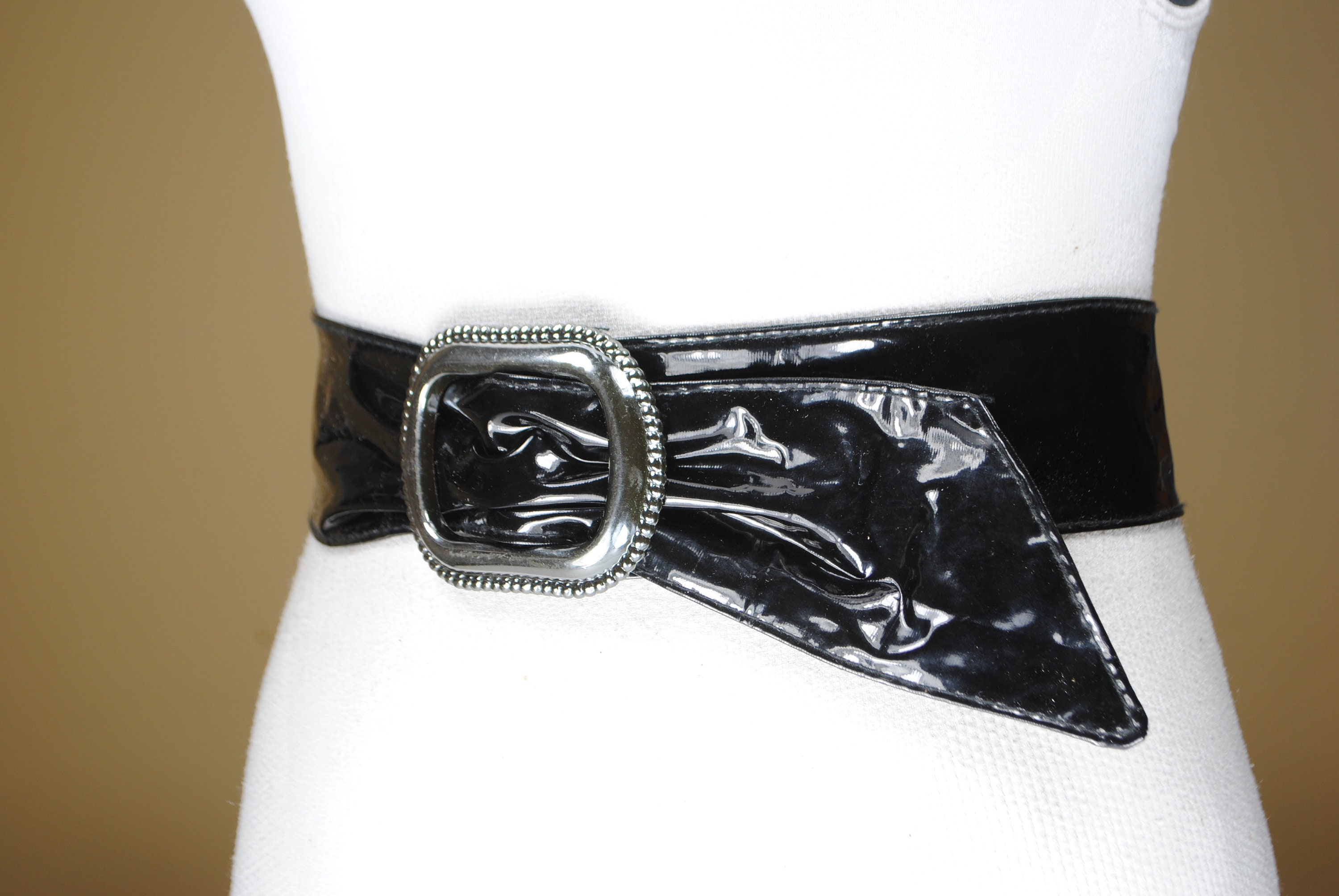 1980s 43 Black patent latex belt women with rectangular | Etsy
