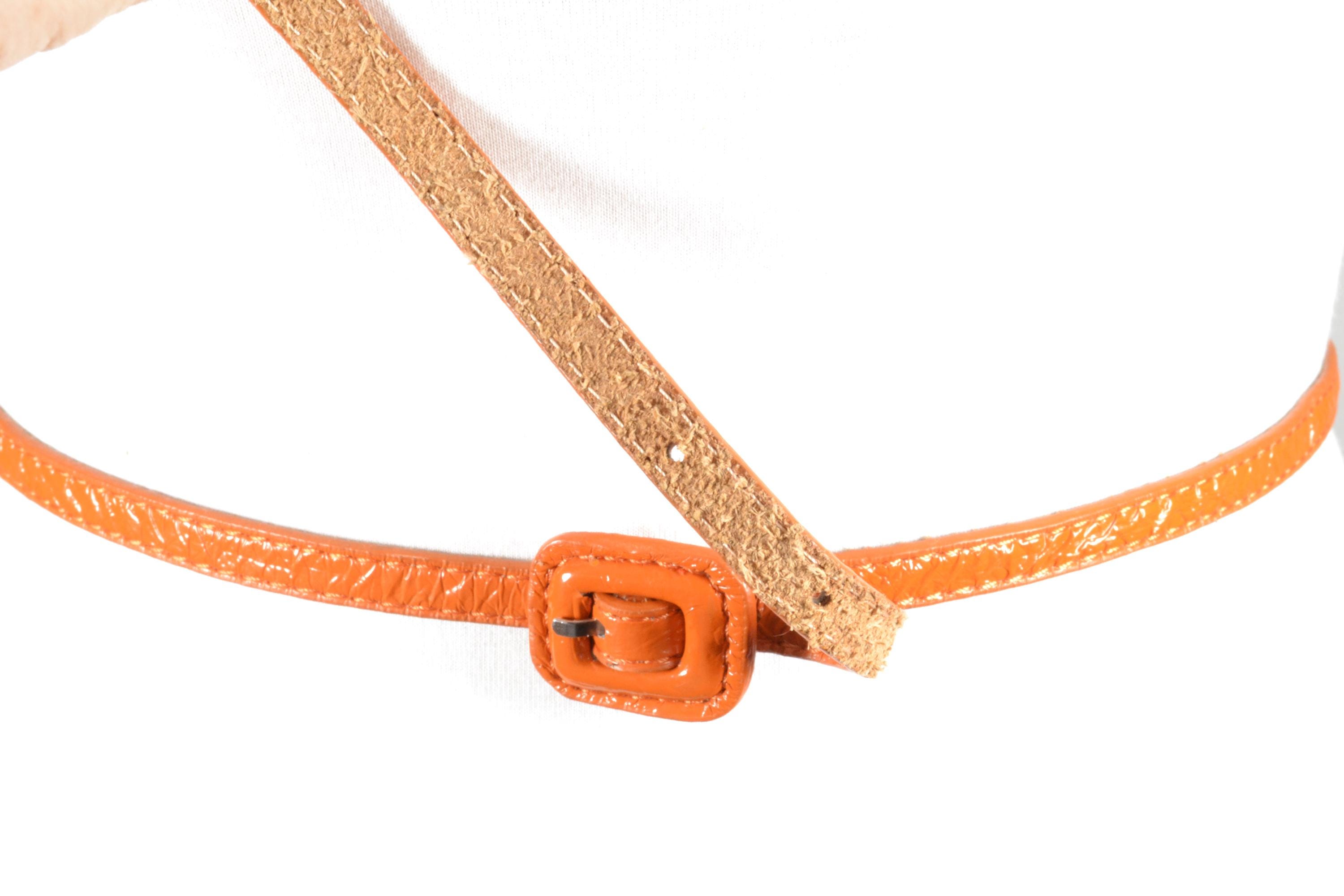 Vintage Orange Patent Leather Skinny Belt: Retro Chic Waist 