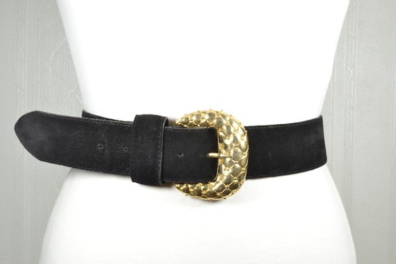 Vintage Black Suede Wide Belt: 50s Style Gold Buckle - Etsy display picture 1