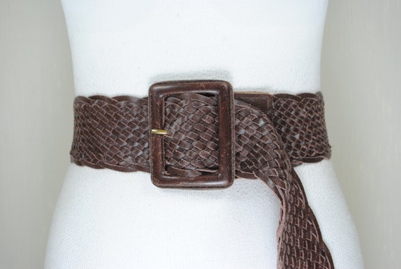 Chocolate Brown Braided Leather Belt for Women With Leather Covered  Rectangular Buckle 