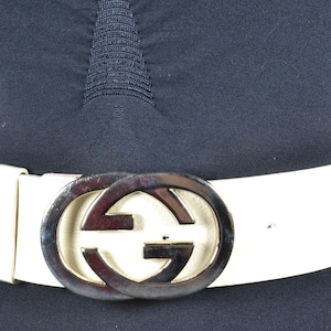 Vintage Wide White Leather Belt with Large GG Logo Buckle, Retro Designer Statement Waist Belt, 80s Bold Fashion White Belt