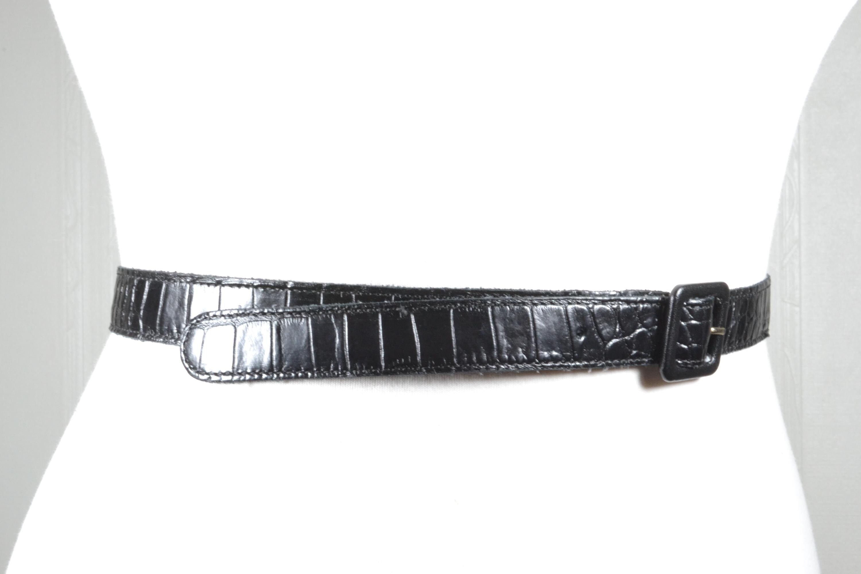 Vintage Black Croc Embossed Leather Skinny Belt - Etsy display picture 1