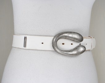 White Leather Belt with Big Silver Buckle: Y2k Cowgirl Style