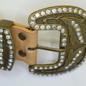 Western Rhinestone Buckle Belt Accessory, Large Bronze Leaf Design Belt Buckle with Crystal Studs, Cowgirl Sparkle Buckle for Leather Belts