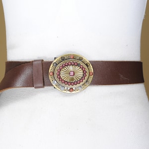 Brown Leather Cowgirl Belt: Engraved Brass Buckle, Pink Stones