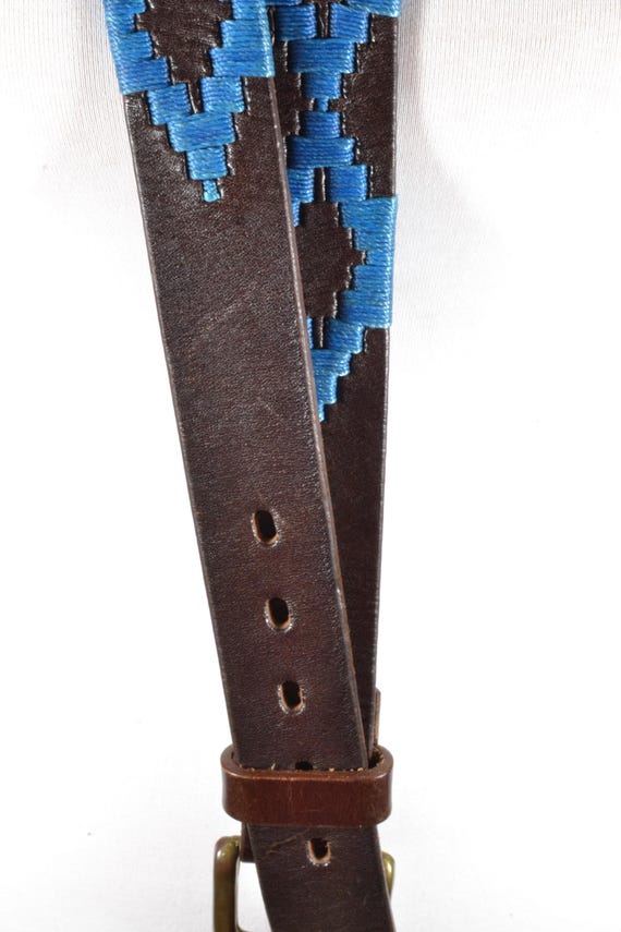 Vintage Brown Leather Belt: Handcrafted Blue Geometric  display picture 1