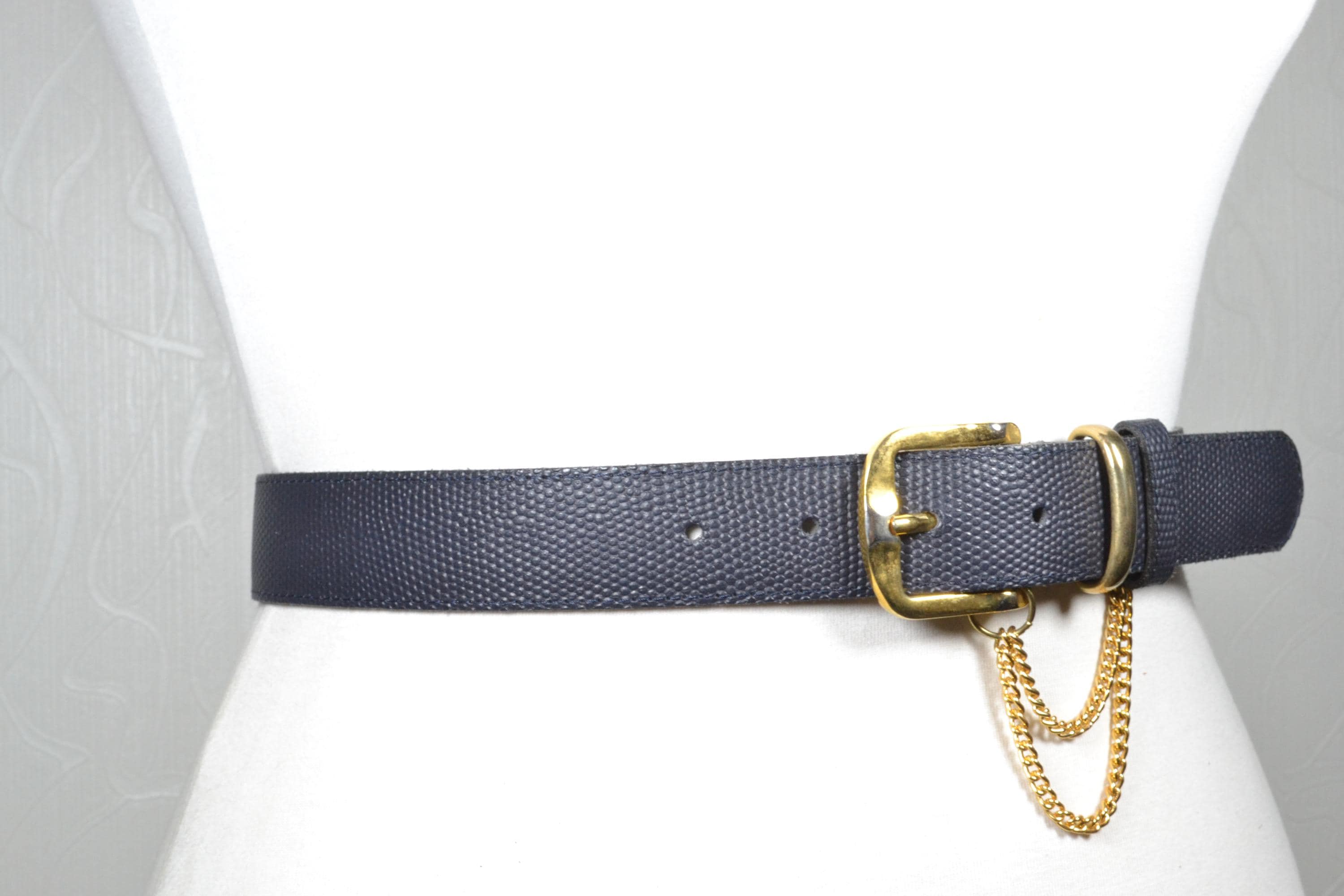 Vintage Navy Textured Leather Belt With Gold Buckle and  display picture 3