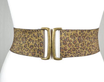 Cinturón elástico vintage de leopardo dorado: estilo corsé ancho con hebilla de latón
