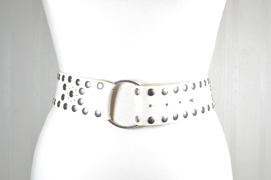 Vintage White Leather Belt: Silver Studs, Ring Buckle, Wide Waist