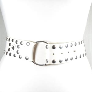 Vintage White Leather Belt with Silver Studs and Circular Ring Buckle, Wide Statement Waist Accessory for Retro and Edgy Looks