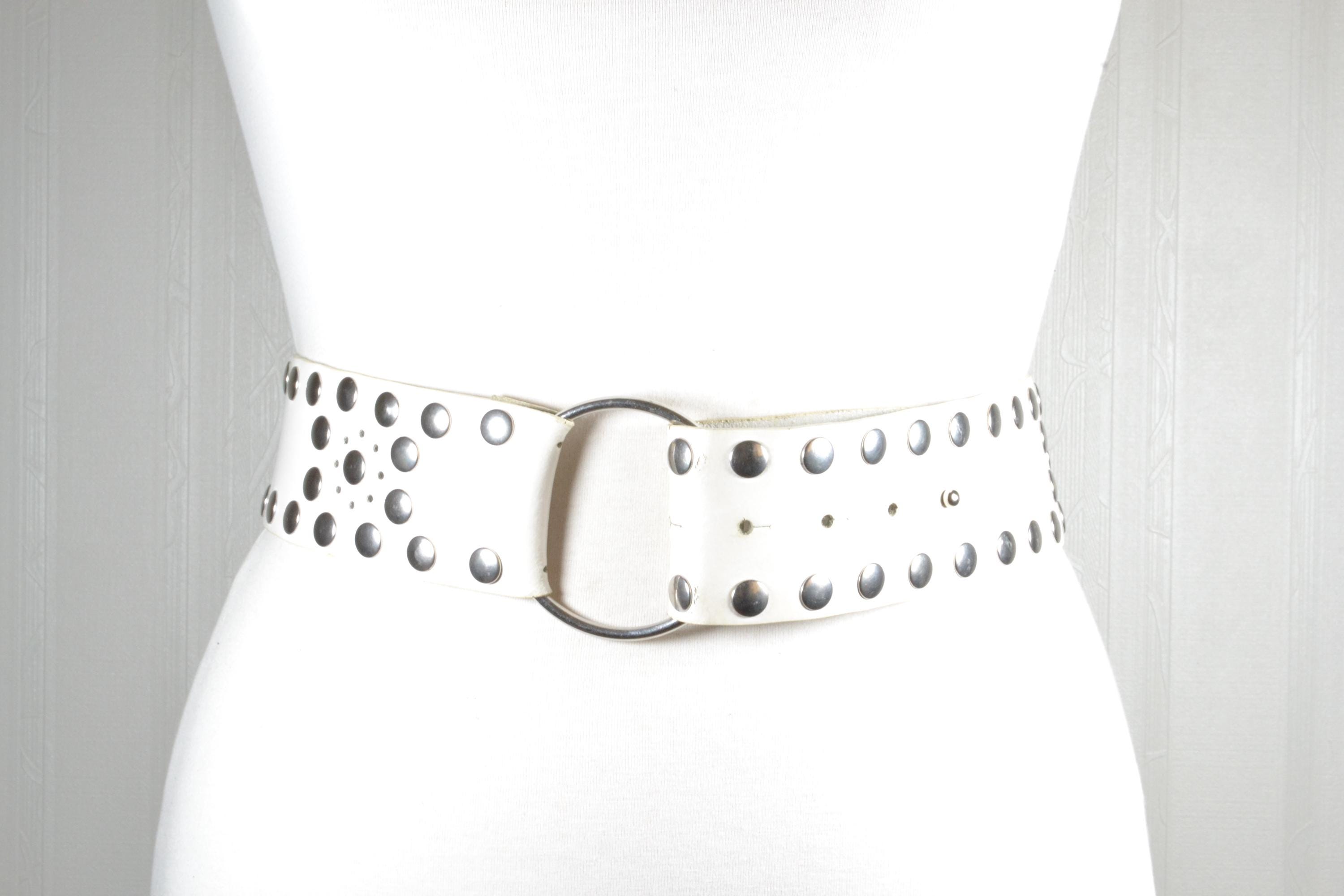 Vintage White Leather Belt: Silver Studs, Ring Buckle, Wide Waist
