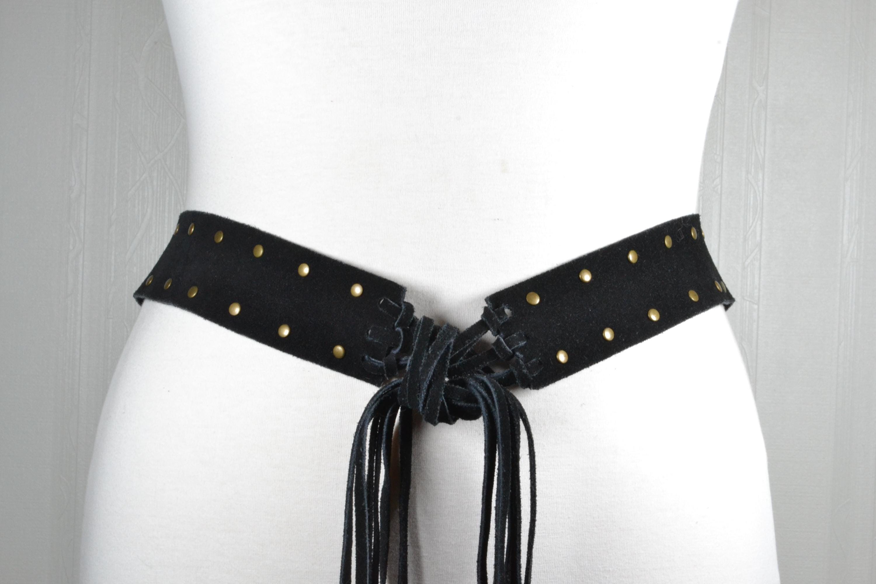 Vintage Black Suede Belt With Gold Studs and Fringe Tie 