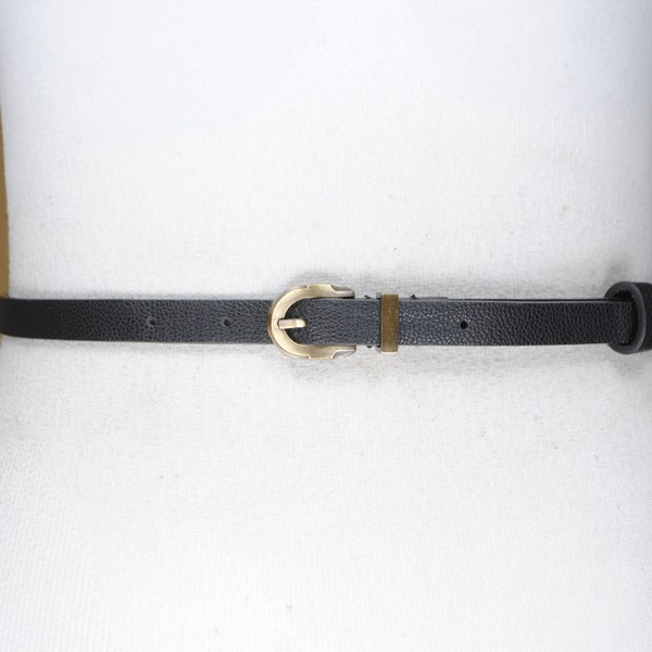 Skinny Black belt, Horseshoe Brass Buckle