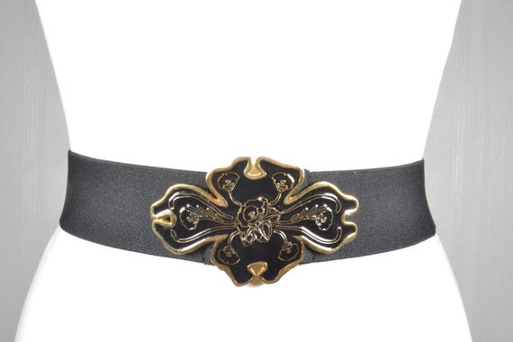 Vintage Black Stretch Cinch Belt: Wide Corset With Gold  display picture 2