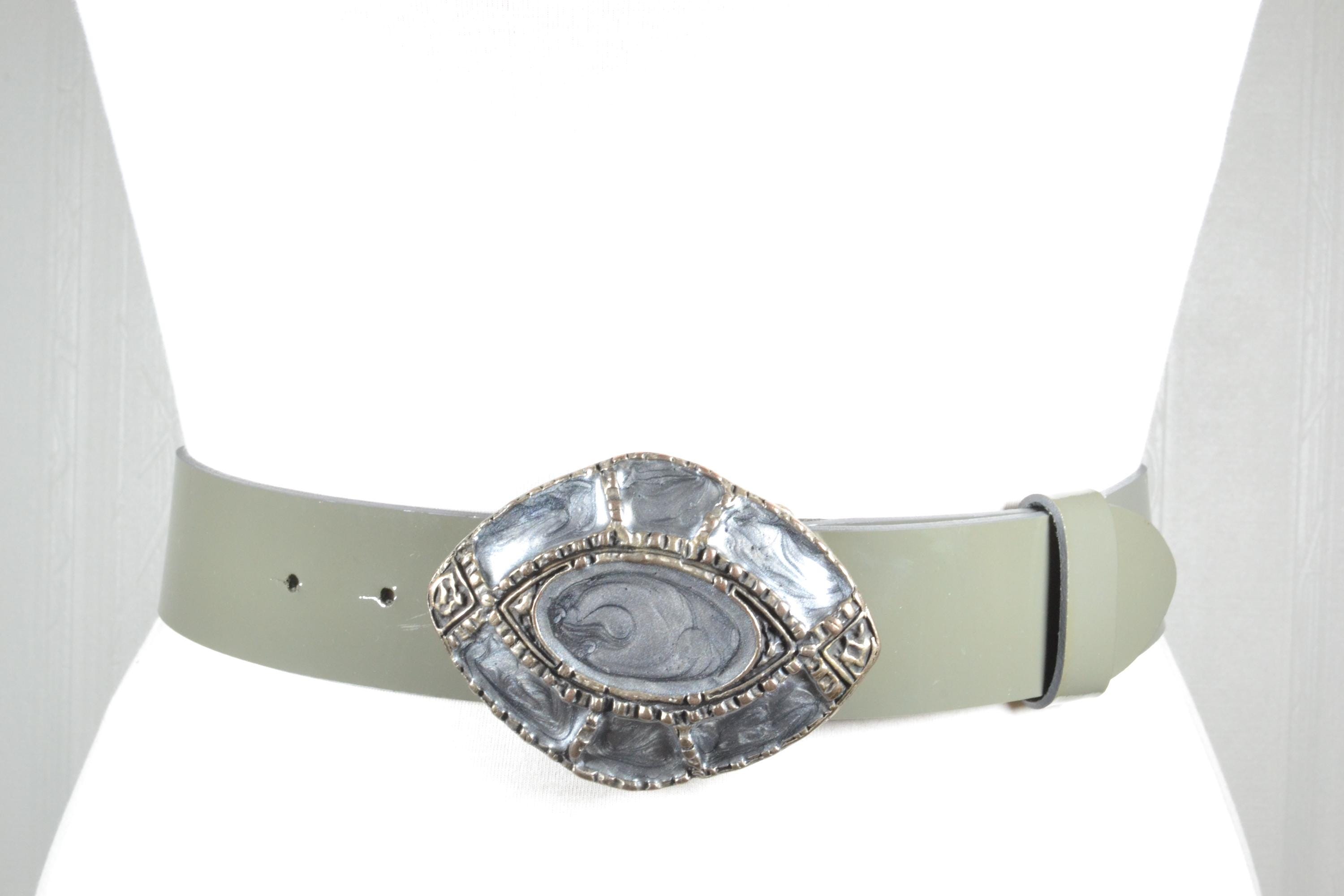 Vintage Wide Gray Leather Belt: Y2K Decorative Buckle, Made  display picture 3