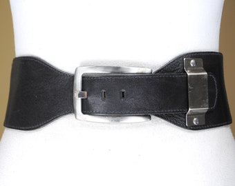 Wide Black Stretch Belt, Massive Silver Buckle, Elastic Corset Belt, Rocker belt