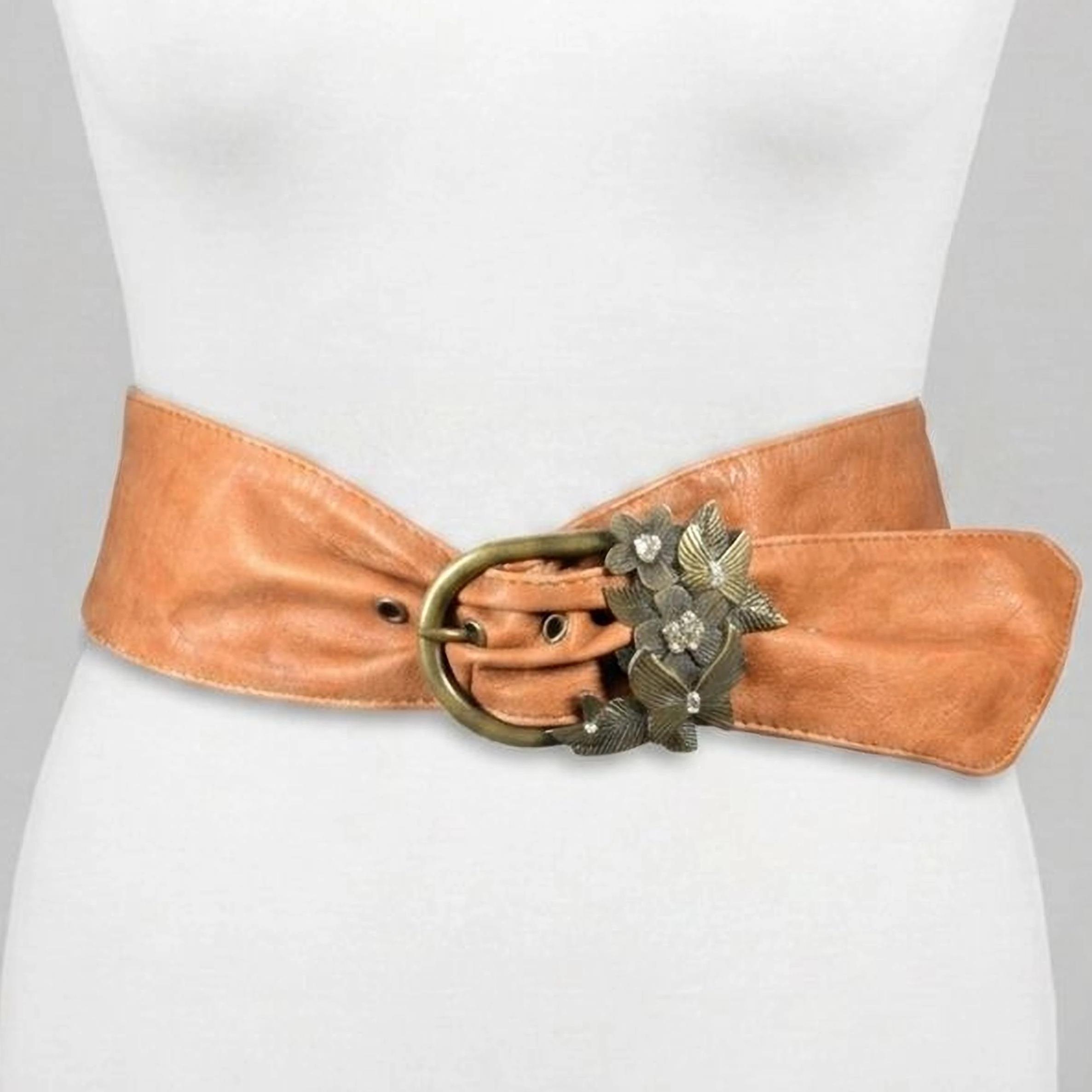 Vintage Tan Leather Wide Waist Belt With Ornate Floral  display picture 2