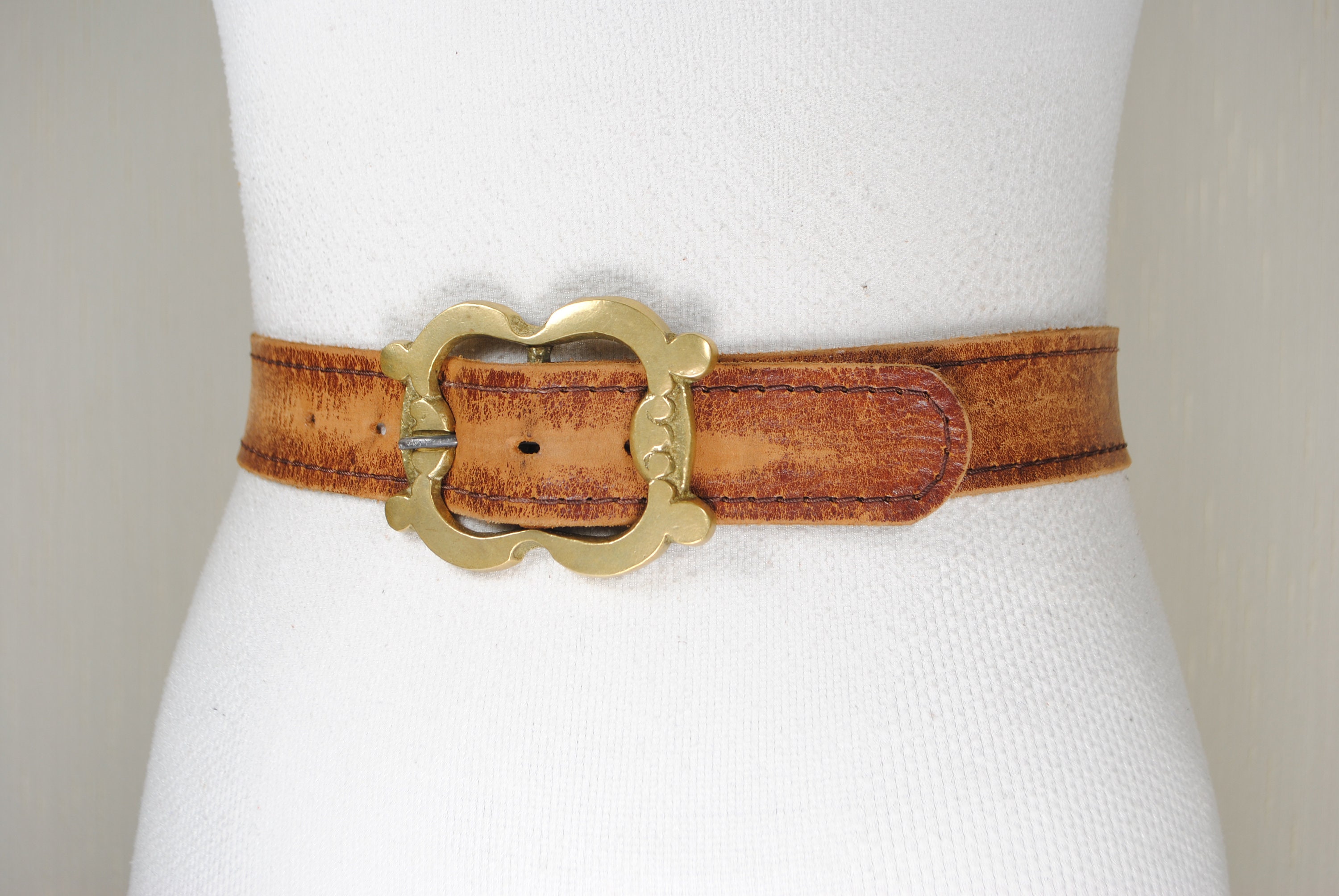 Vintage Tan Leather Belt: Antique Brass Buckle, Boho Western 