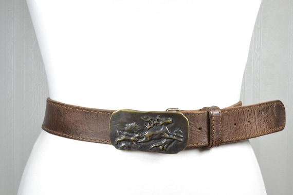 Vintage Brown Leather Belt: Embossed Metal Buckle, Deer  display picture 1