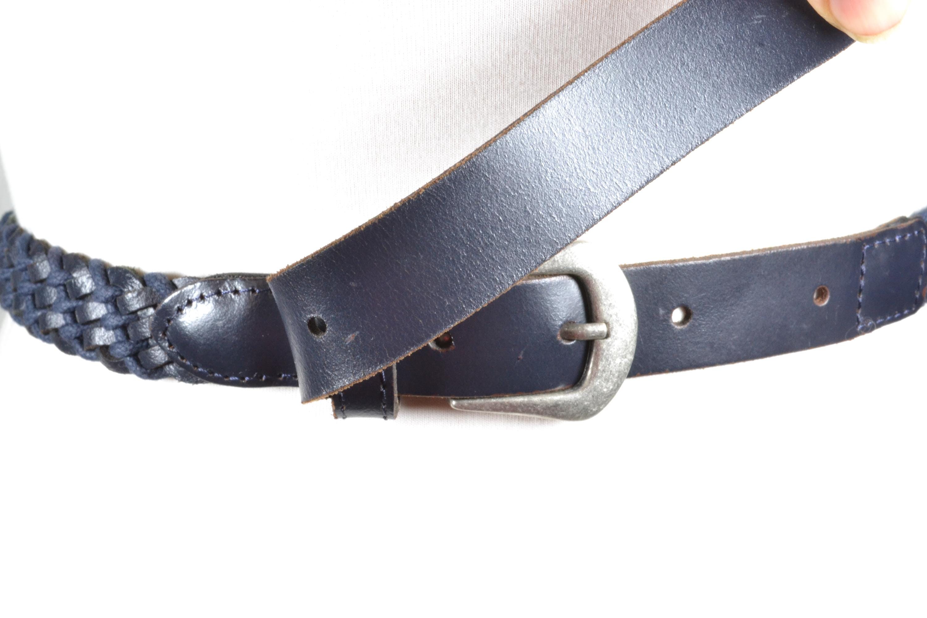 Vintage Navy Blue Leather Belt: Braided Back, Silver Buckle  display picture 3