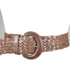 Woven Leather Cinch Belt, Round Buckle, Wide Braided Boho  display picture 2