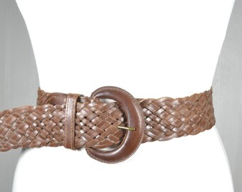 Boho Chic Woven Chain-Link Leather Belt VTG Wide Woven Braided Boho Metallic Hip Belt Chunky Gold  main image 4