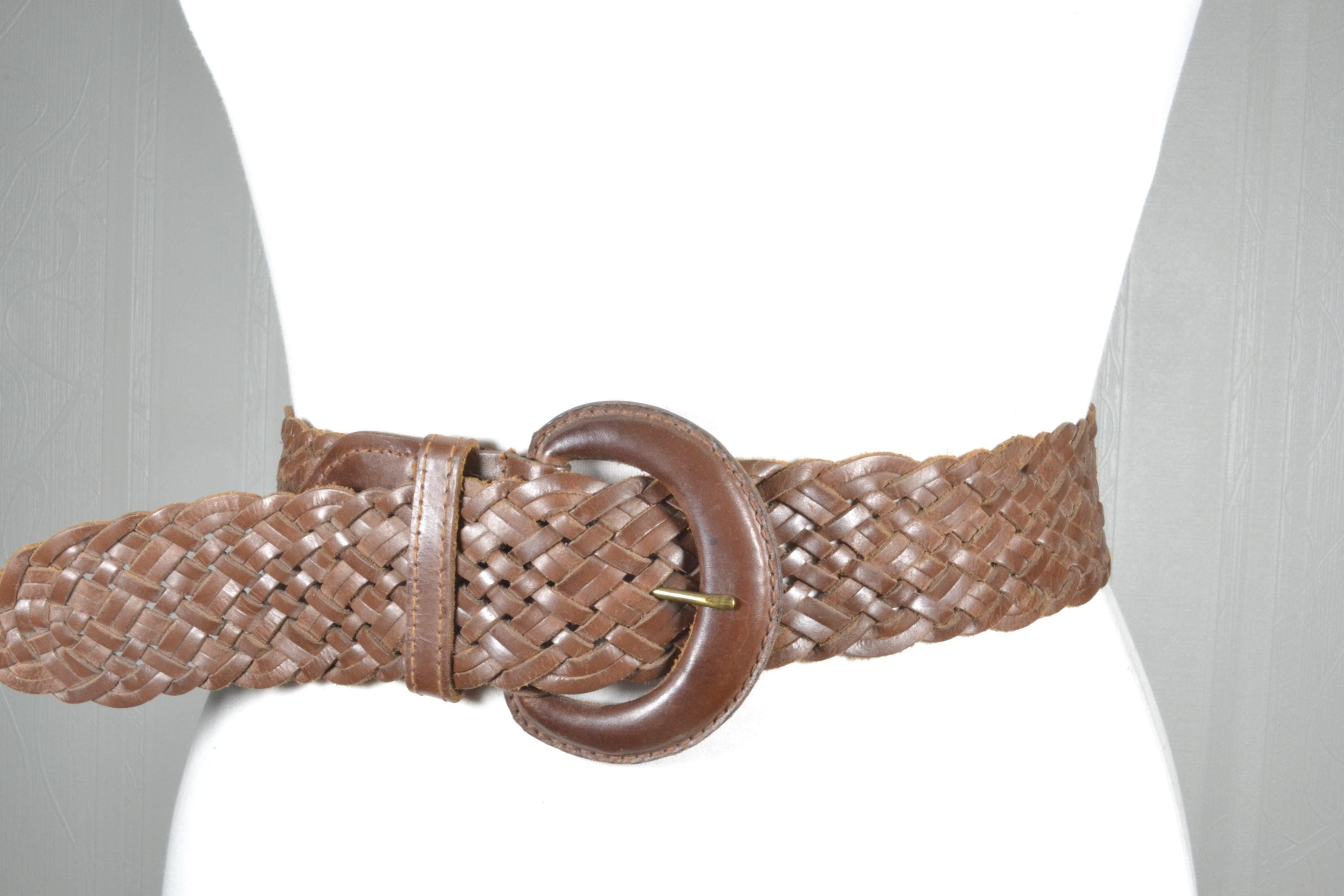 Woven Leather Cinch Belt, Round Buckle, Wide Braided Boho 