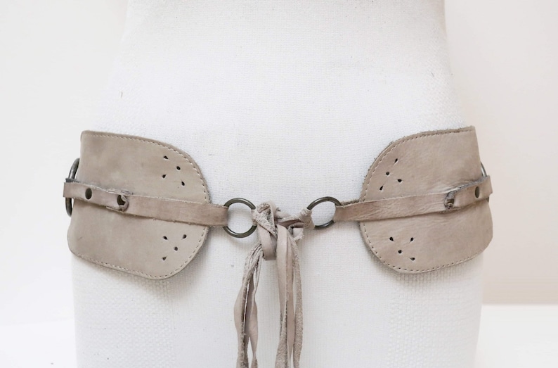 1970s gray suede leather link belt with tie up
