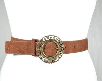 Brown Suede Belt with Ornate Buckle Vintage Brown Suede Leather Belt – Embossed Animal Print  main image 4