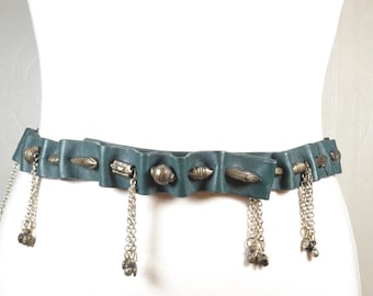 Teal Leather Boho Belt: Antique Silver Charms, Festival Waist Belt