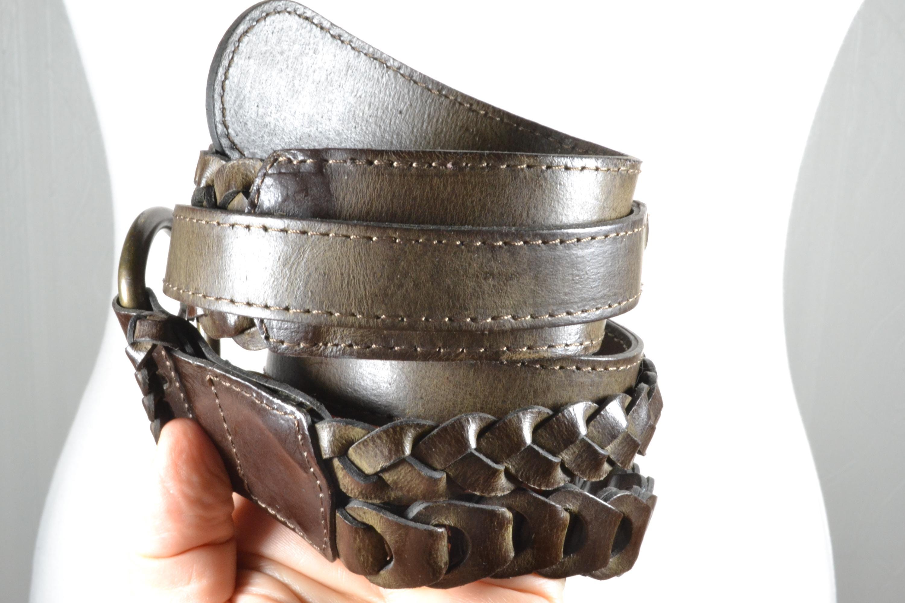Vintage Leather Braided Belt Wide Boho Western Brown 38 Long Vintage Chocolate Brown Braided Leather Belt With Round  main image 4