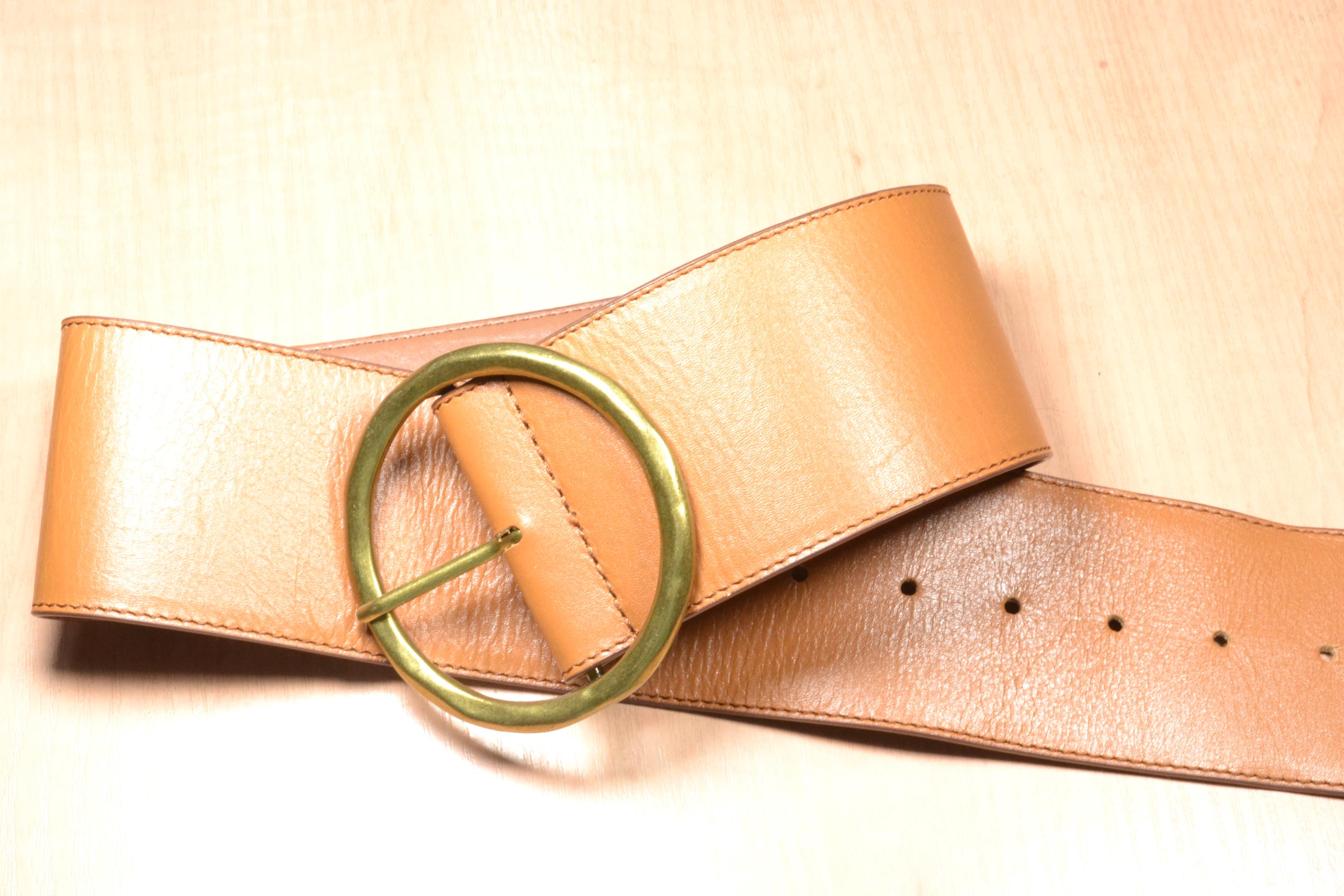 Wide Brown Leather Belt: Vintage Brass Buckle, 70s Boho  display picture 3